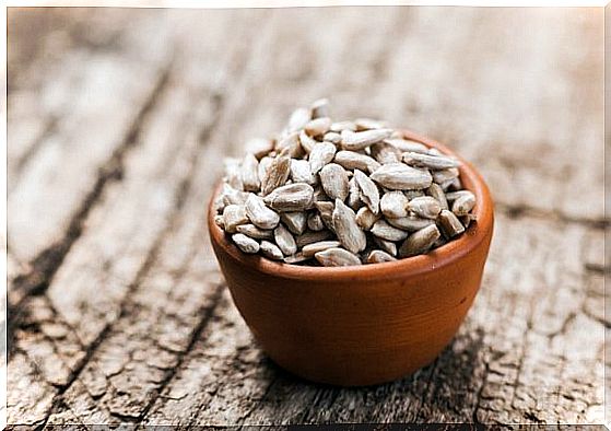 Sunflower seeds in a clay pot.